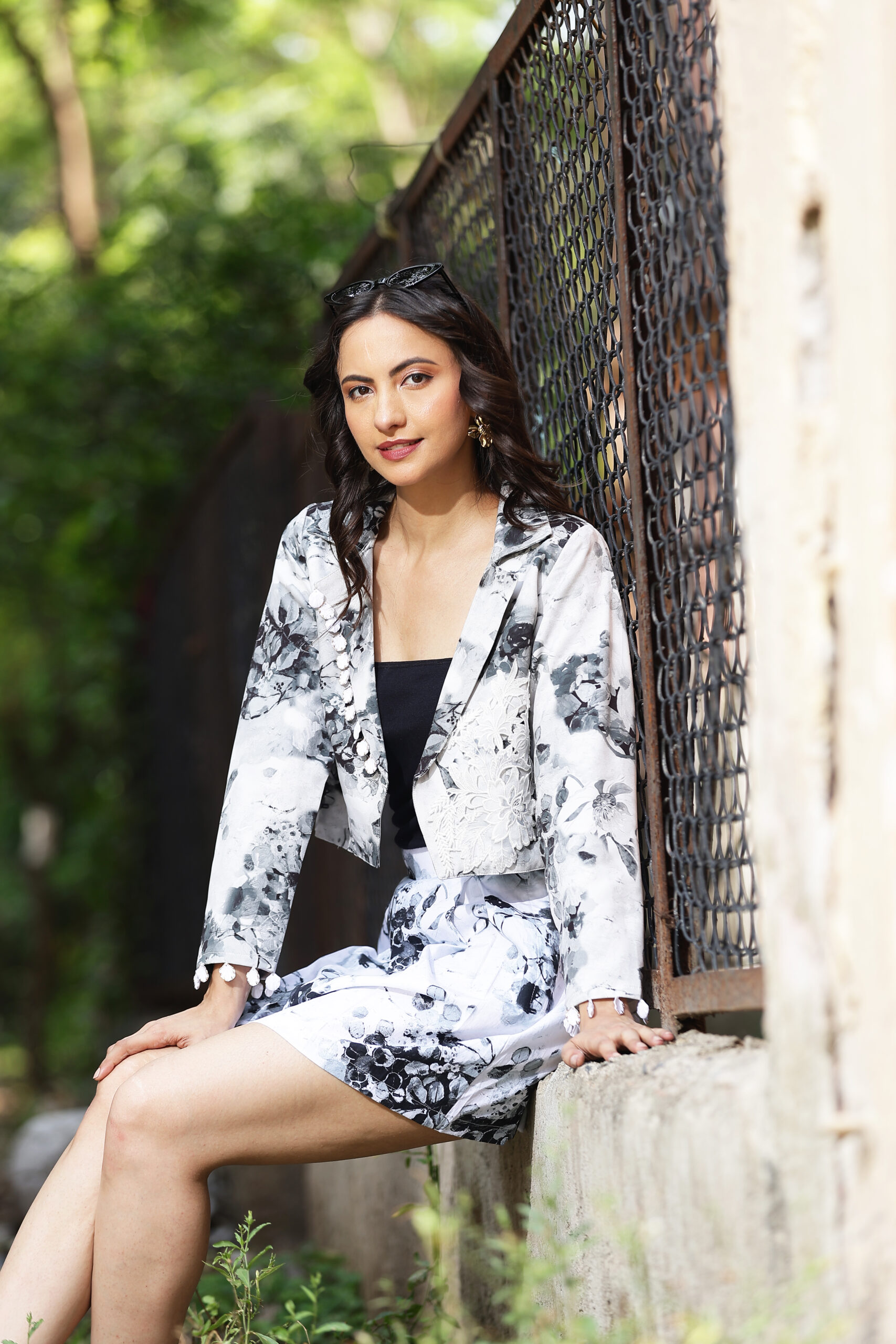Artistic Black & White Blazer and Skirt Set