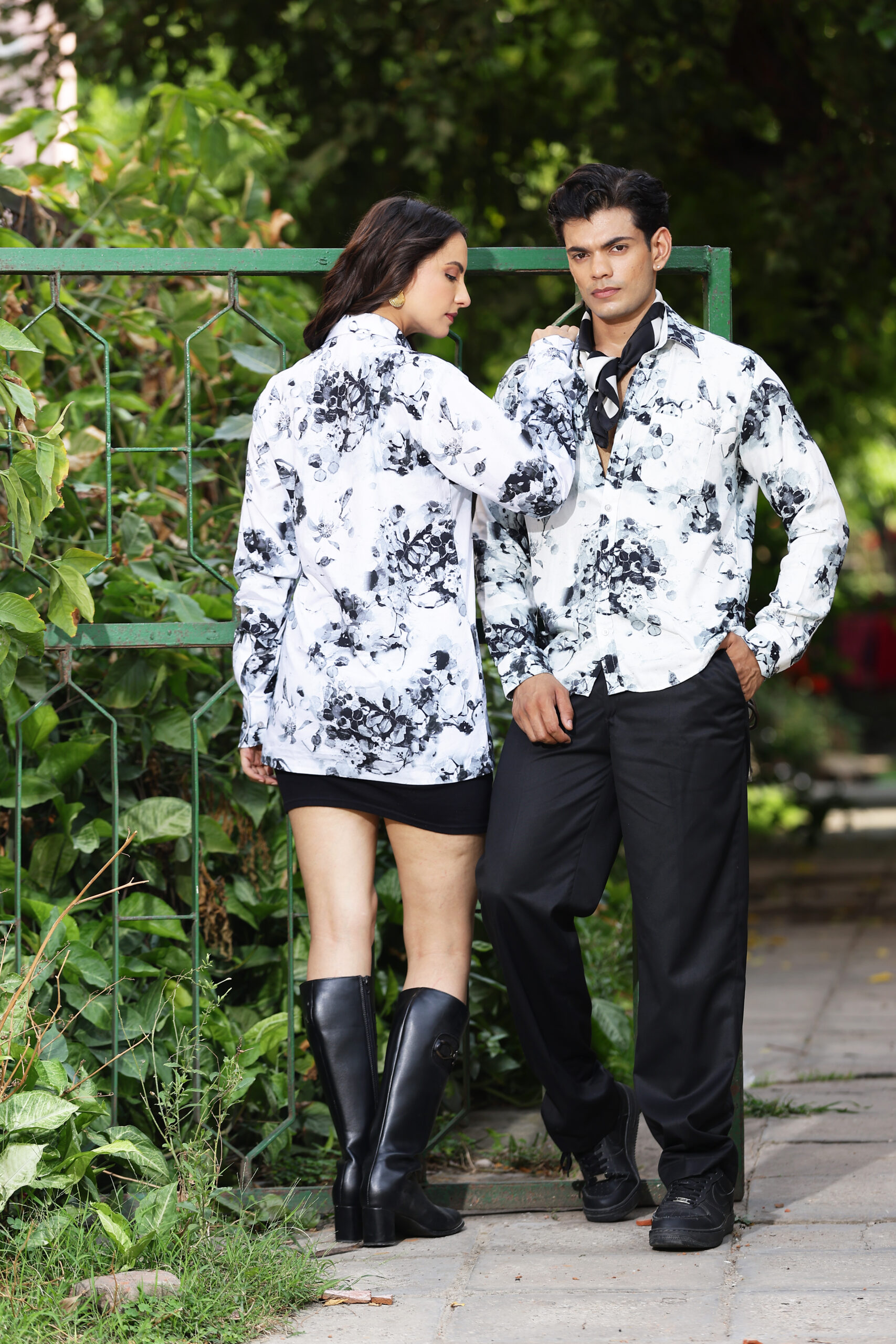 Artistic Black & White Printed Couple Outfit
