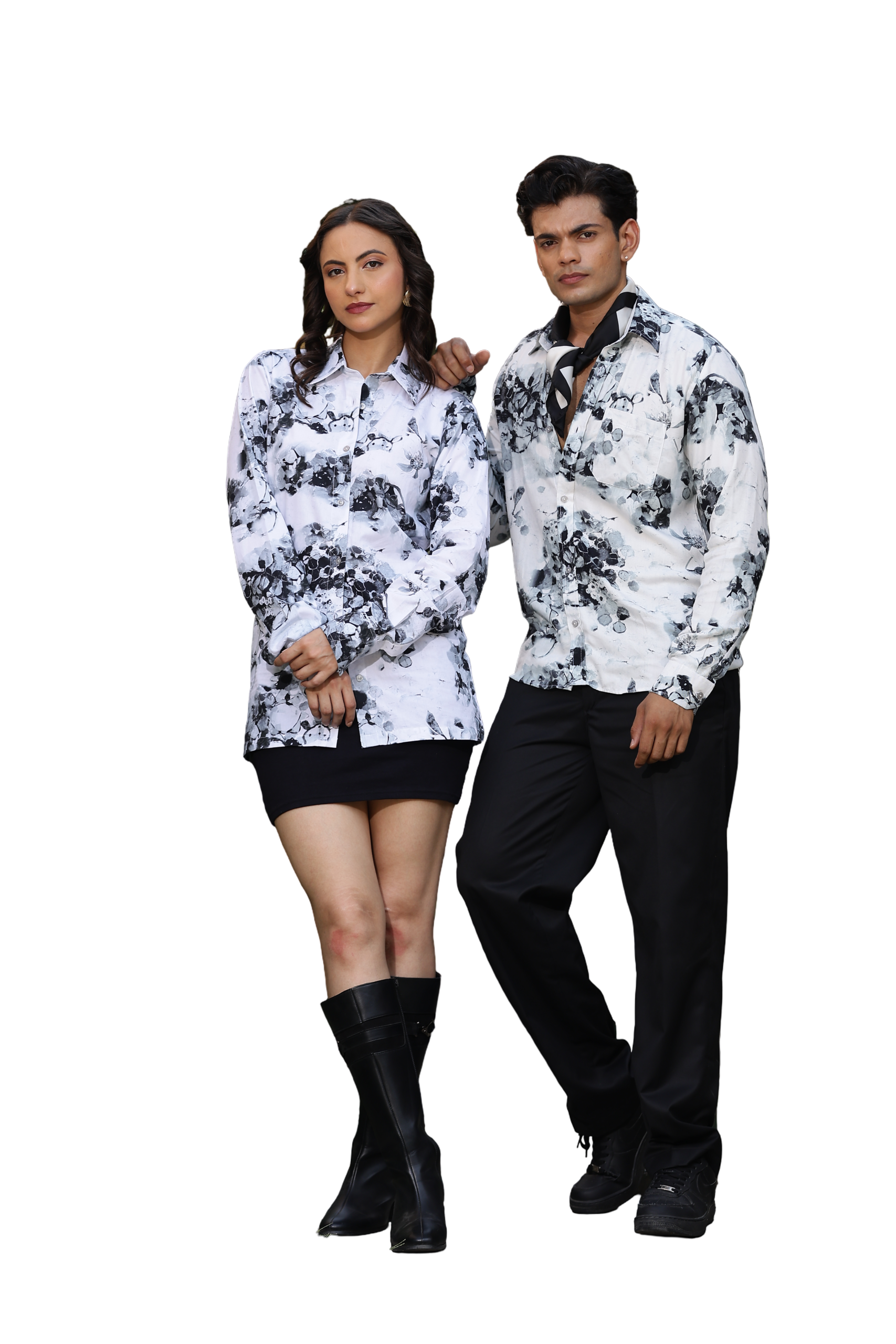 Artistic Black & White Printed Couple Outfit - Image 3